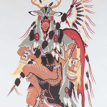 A Native American figure holding a spear and wearing a deer skin and beaded clothing depicted in a dance pose